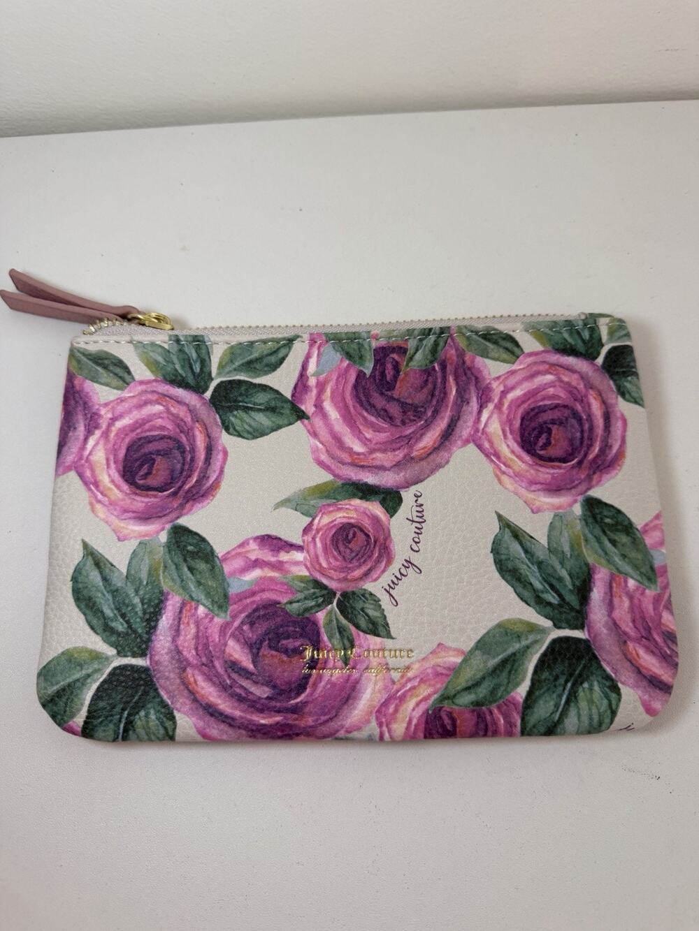 EUC! Juicy Couture Pink Roses Wristlet Zip Close Wallet Coin Purse Makeup Bag